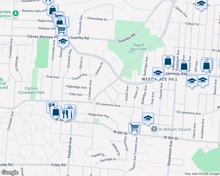 map of restaurants, bars, coffee shops, grocery stores, and more near 4627 Midland Avenue in Cincinnati