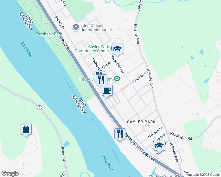 map of restaurants, bars, coffee shops, grocery stores, and more near 6571 Parkland Avenue in Cincinnati