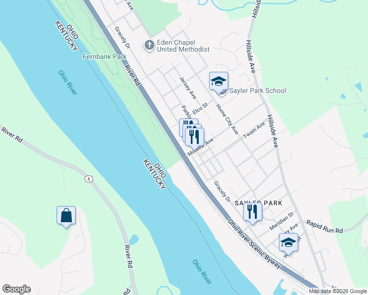 map of restaurants, bars, coffee shops, grocery stores, and more near 6601 Gracely Drive in Cincinnati