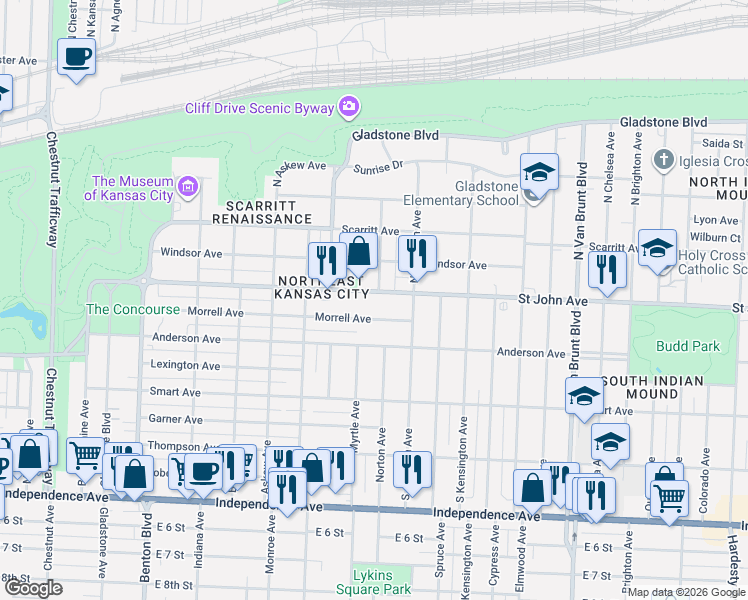 map of restaurants, bars, coffee shops, grocery stores, and more near 3955 Saint John Avenue in Kansas City