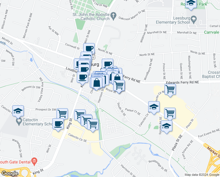 map of restaurants, bars, coffee shops, grocery stores, and more near 210 Royal Street Southeast in Leesburg