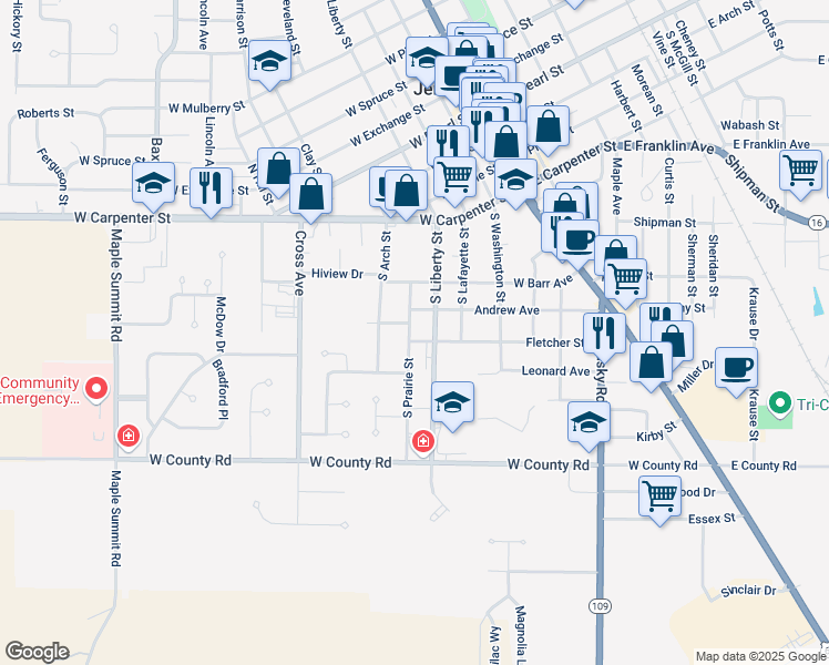 map of restaurants, bars, coffee shops, grocery stores, and more near 703 South Prairie Street in Jerseyville