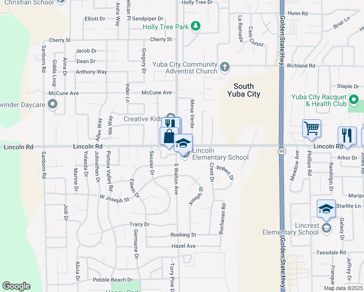 map of restaurants, bars, coffee shops, grocery stores, and more near 1582 Lincoln Road in Yuba City
