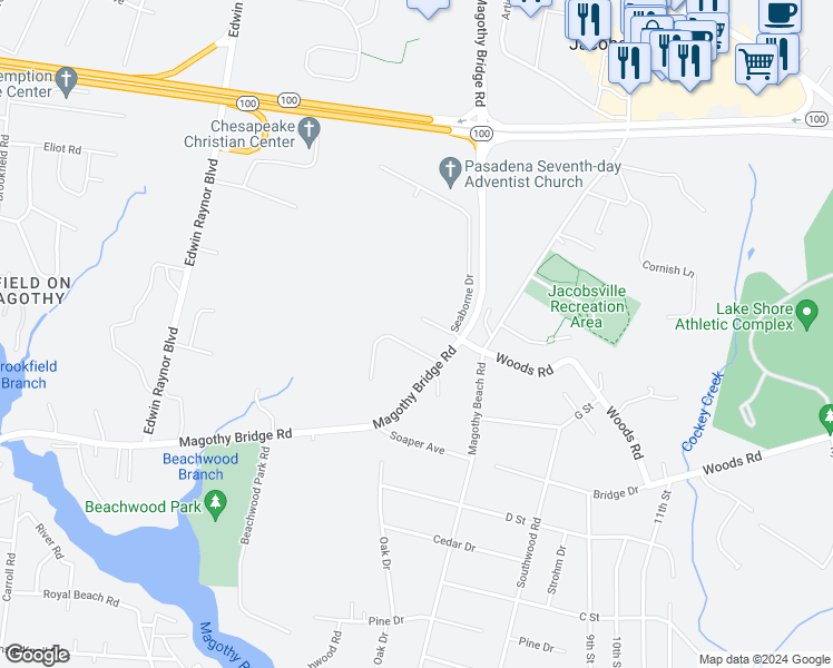 map of restaurants, bars, coffee shops, grocery stores, and more near 124 Chelsea Grove Court in Pasadena