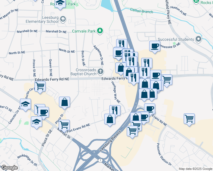 map of restaurants, bars, coffee shops, grocery stores, and more near 96 Adams Drive Northeast in Leesburg