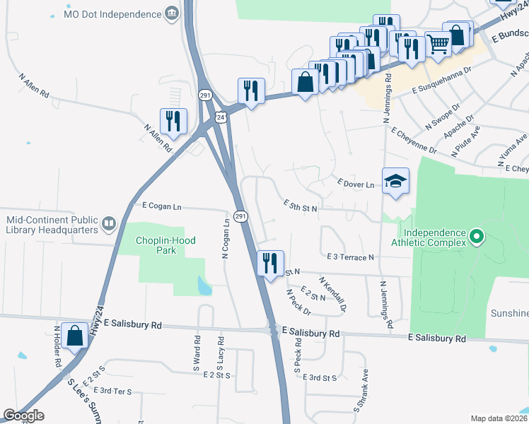 map of restaurants, bars, coffee shops, grocery stores, and more near 16418 East 4th Street Court North in Independence