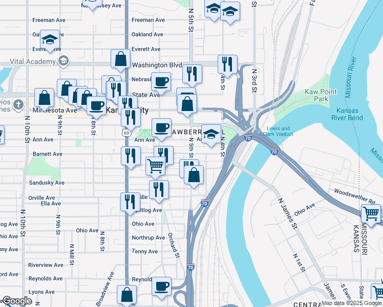 map of restaurants, bars, coffee shops, grocery stores, and more near N 5th St & Barnett Ave in Kansas City