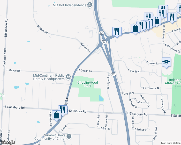 map of restaurants, bars, coffee shops, grocery stores, and more near 15915 East Cogan Lane in Independence