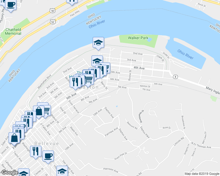 map of restaurants, bars, coffee shops, grocery stores, and more near 810 7th Avenue in Dayton