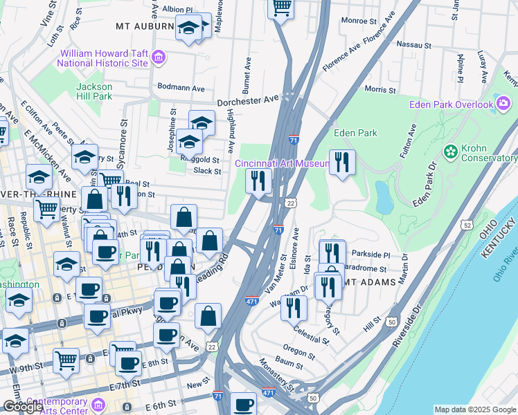 map of restaurants, bars, coffee shops, grocery stores, and more near in Cincinnati