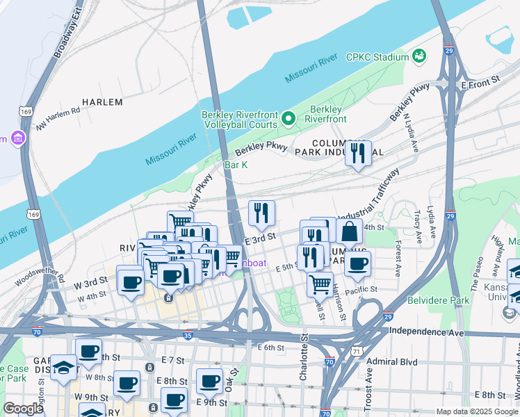 map of restaurants, bars, coffee shops, grocery stores, and more near 101 Holmes Street in Kansas City