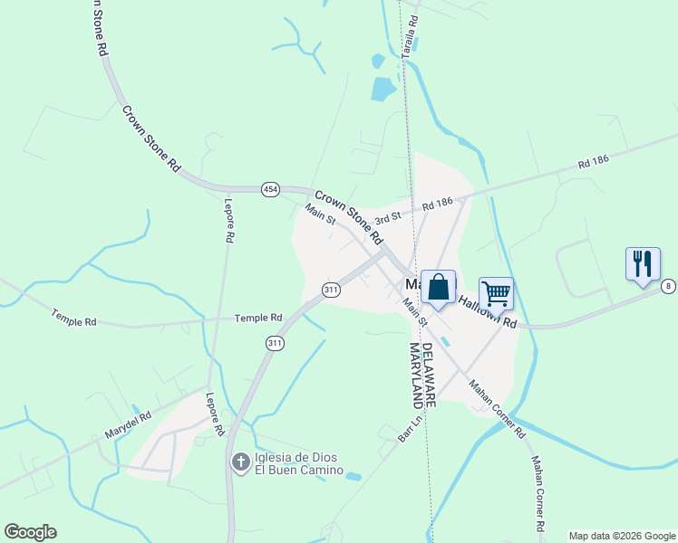 map of restaurants, bars, coffee shops, grocery stores, and more near 140 Maryland 311 in Marydel