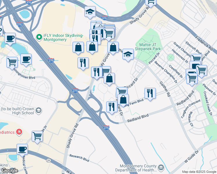 map of restaurants, bars, coffee shops, grocery stores, and more near 70 Upper Rock Circle in Rockville