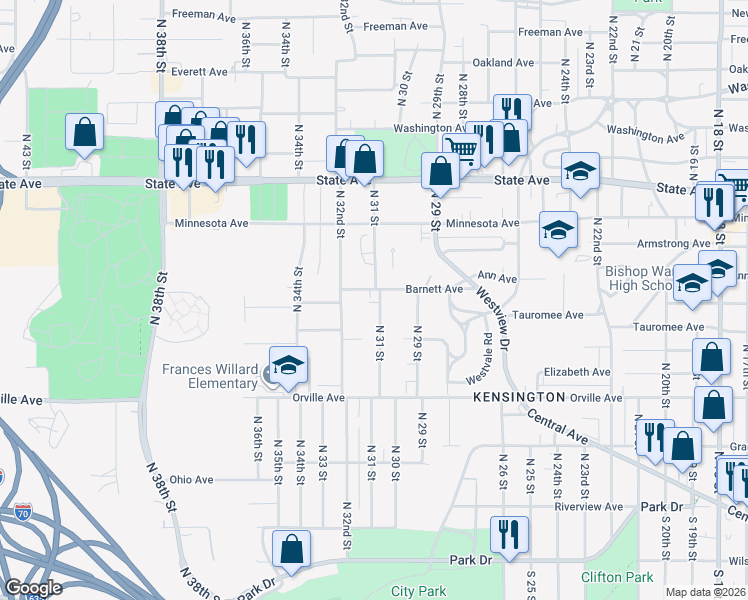 map of restaurants, bars, coffee shops, grocery stores, and more near 635 North 31 Street in Kansas City