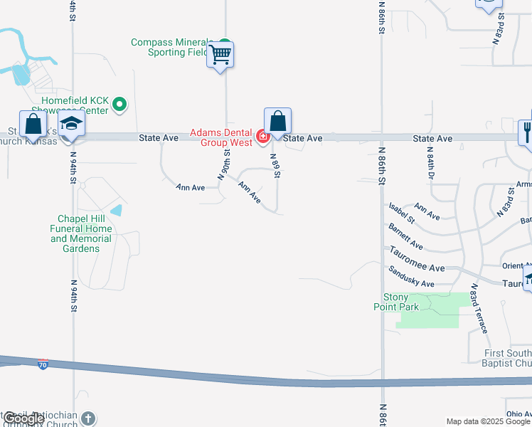map of restaurants, bars, coffee shops, grocery stores, and more near 8905 Ann Avenue in Kansas City