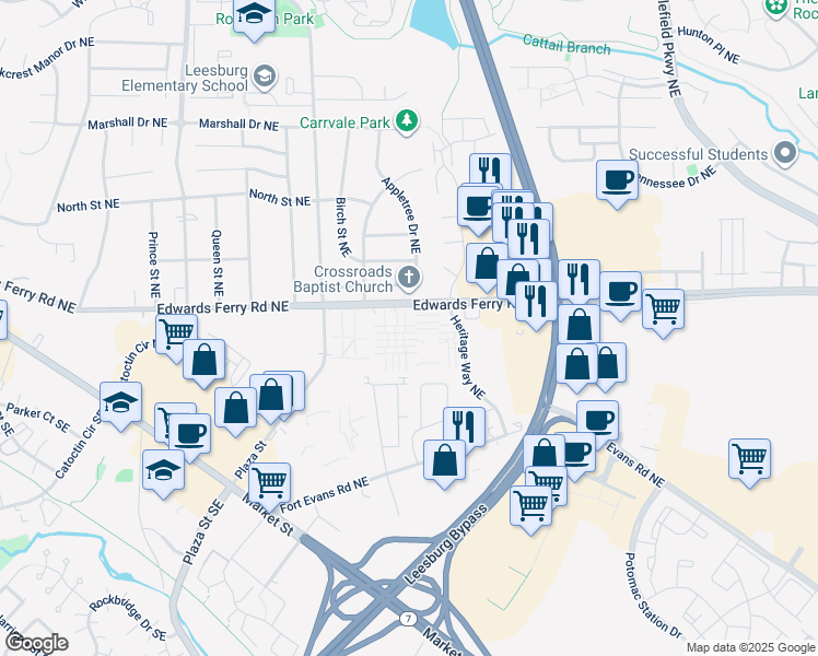 map of restaurants, bars, coffee shops, grocery stores, and more near 119 Hancock Place Northeast in Leesburg