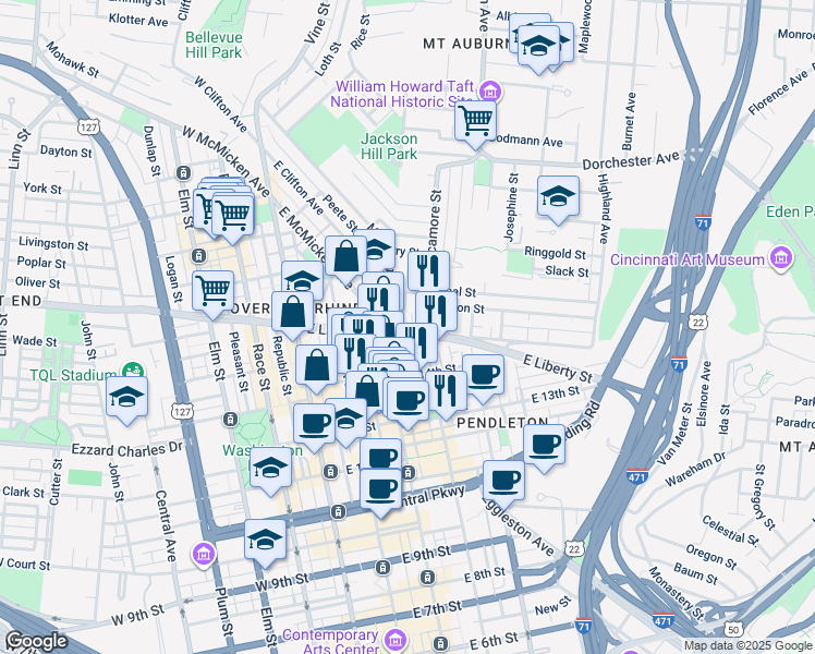 map of restaurants, bars, coffee shops, grocery stores, and more near in Cincinnati
