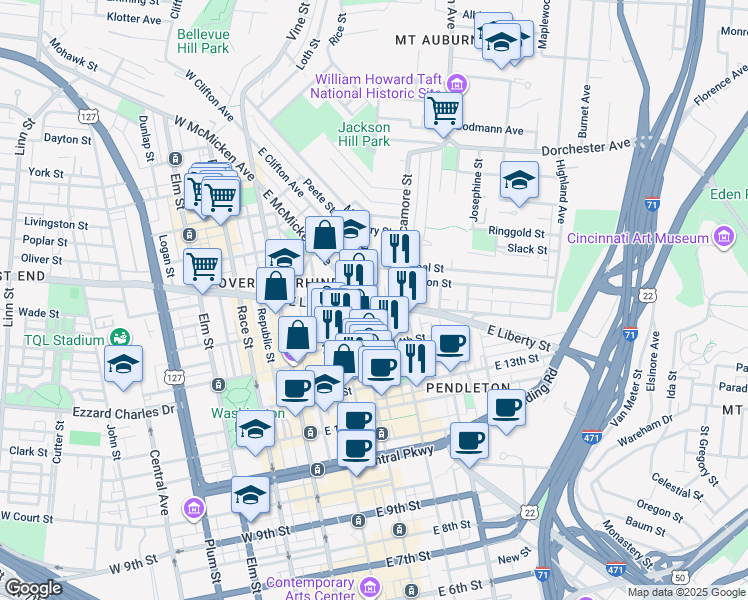 map of restaurants, bars, coffee shops, grocery stores, and more near in Cincinnati