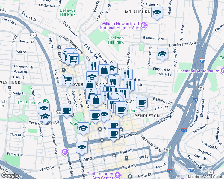 map of restaurants, bars, coffee shops, grocery stores, and more near 1432 East Liberty Street in Cincinnati