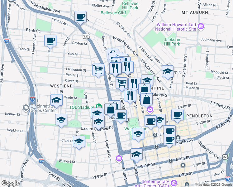 map of restaurants, bars, coffee shops, grocery stores, and more near 1548 Central Parkway in Cincinnati