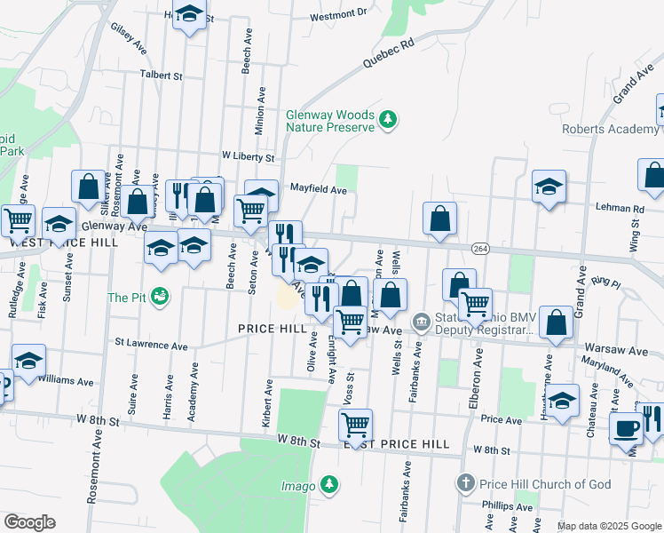 map of restaurants, bars, coffee shops, grocery stores, and more near 1023 Carson Avenue in Cincinnati