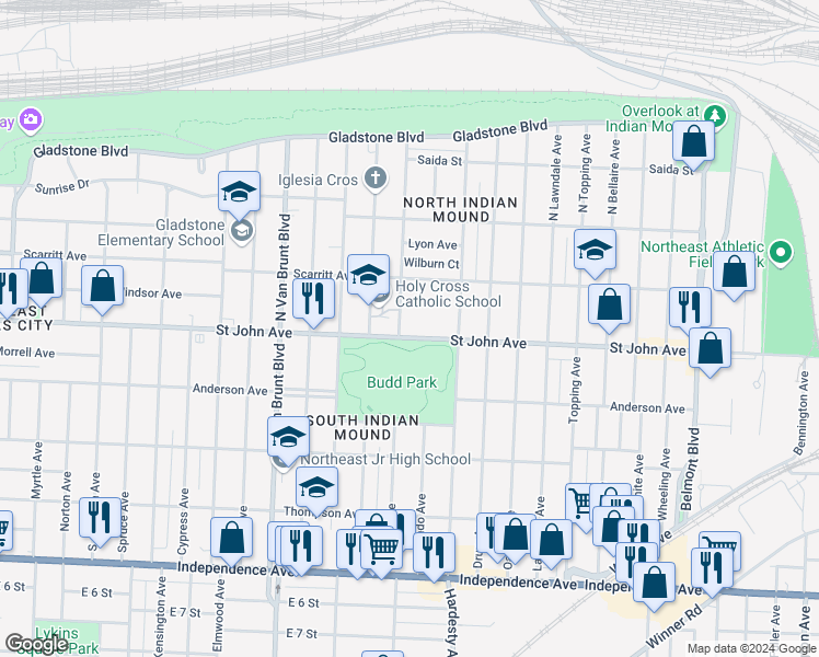 map of restaurants, bars, coffee shops, grocery stores, and more near in Kansas City