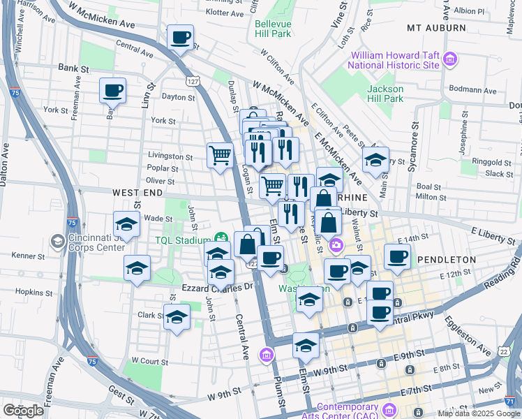 map of restaurants, bars, coffee shops, grocery stores, and more near 211 Kemp Alley in Cincinnati