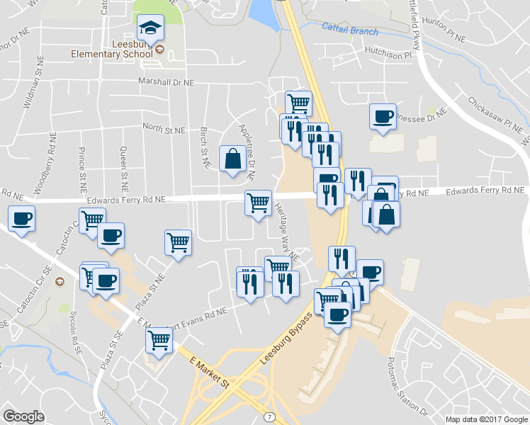 map of restaurants, bars, coffee shops, grocery stores, and more near 61 Adams Drive Northeast in Leesburg