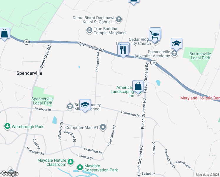 map of restaurants, bars, coffee shops, grocery stores, and more near 2111 Thompson Hill Court in Silver Spring