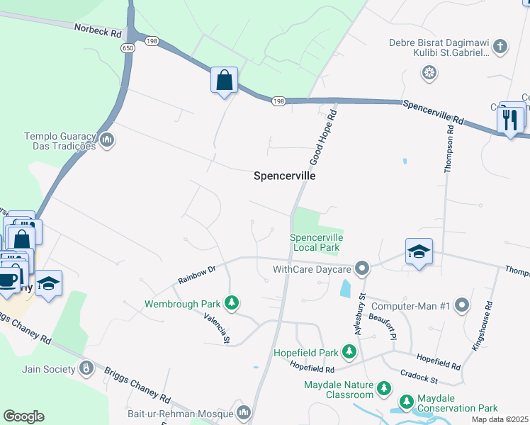 map of restaurants, bars, coffee shops, grocery stores, and more near 1519 Foster Road in Silver Spring