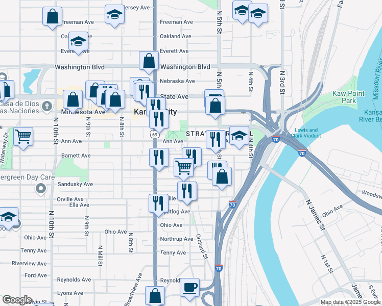 map of restaurants, bars, coffee shops, grocery stores, and more near 542 Barnett Avenue in Kansas City