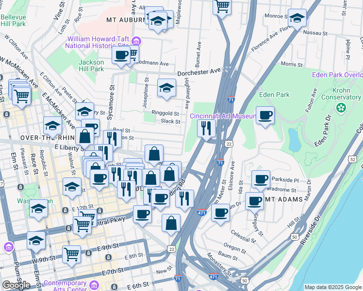 map of restaurants, bars, coffee shops, grocery stores, and more near 1608 Highland Avenue in Cincinnati