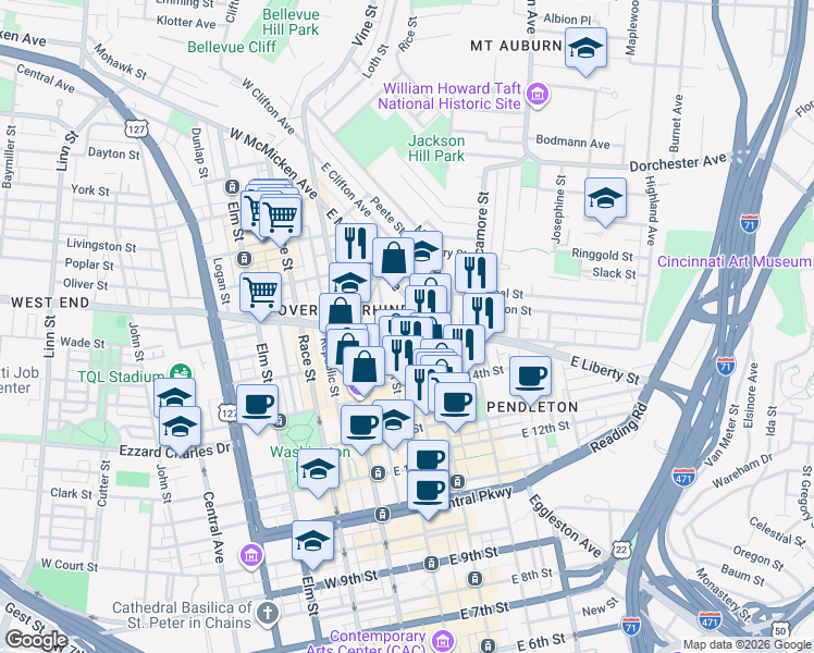 map of restaurants, bars, coffee shops, grocery stores, and more near 1432 East Liberty Street in Cincinnati