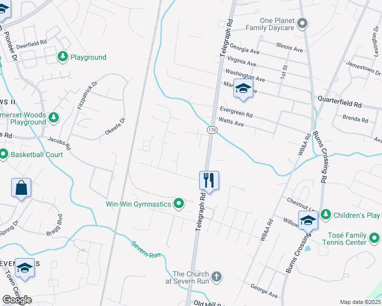 map of restaurants, bars, coffee shops, grocery stores, and more near 8112 Telegraph Road in Severn