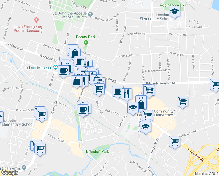 map of restaurants, bars, coffee shops, grocery stores, and more near 312 East Market Street in Leesburg