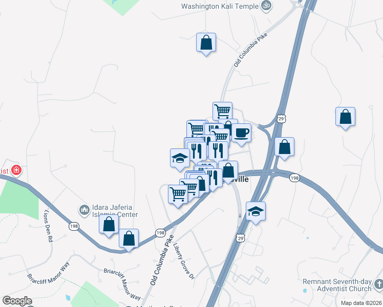 map of restaurants, bars, coffee shops, grocery stores, and more near 15618 Old Columbia Pike in Burtonsville