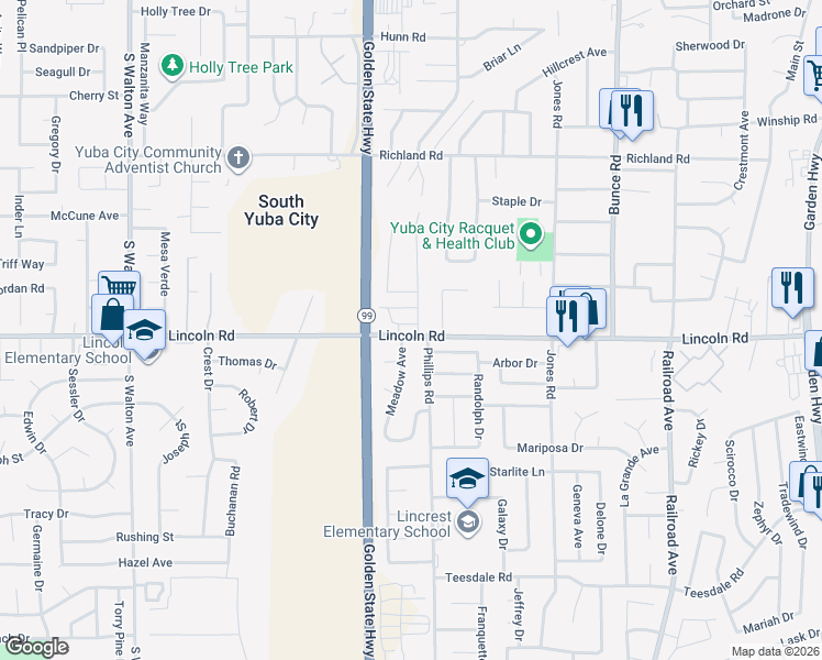 map of restaurants, bars, coffee shops, grocery stores, and more near 1019 Meadow Avenue in Yuba City