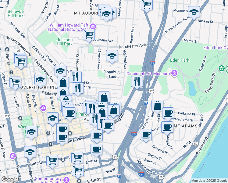 map of restaurants, bars, coffee shops, grocery stores, and more near 530 Liberty Hill in Cincinnati