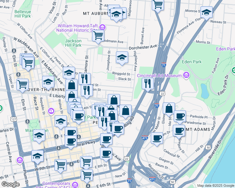 map of restaurants, bars, coffee shops, grocery stores, and more near 530 Liberty Hill in Cincinnati