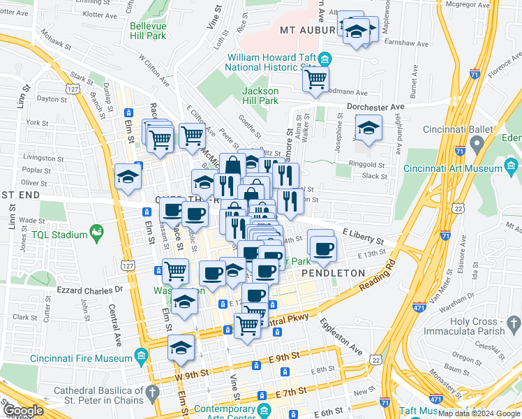 map of restaurants, bars, coffee shops, grocery stores, and more near in Cincinnati