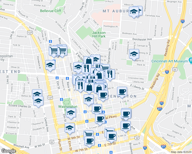 map of restaurants, bars, coffee shops, grocery stores, and more near 1432 East Liberty Street in Cincinnati
