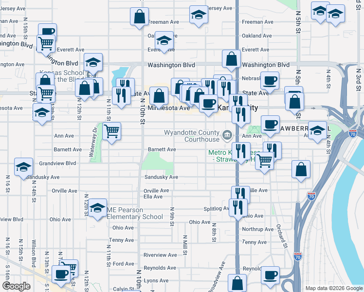 map of restaurants, bars, coffee shops, grocery stores, and more near 847 Barnett Avenue in Kansas City