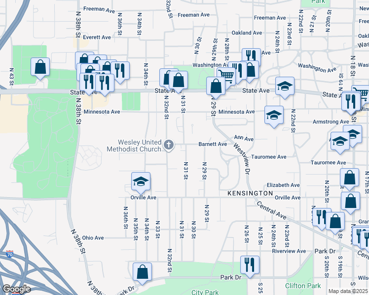 map of restaurants, bars, coffee shops, grocery stores, and more near 635 North 31 Street in Kansas City
