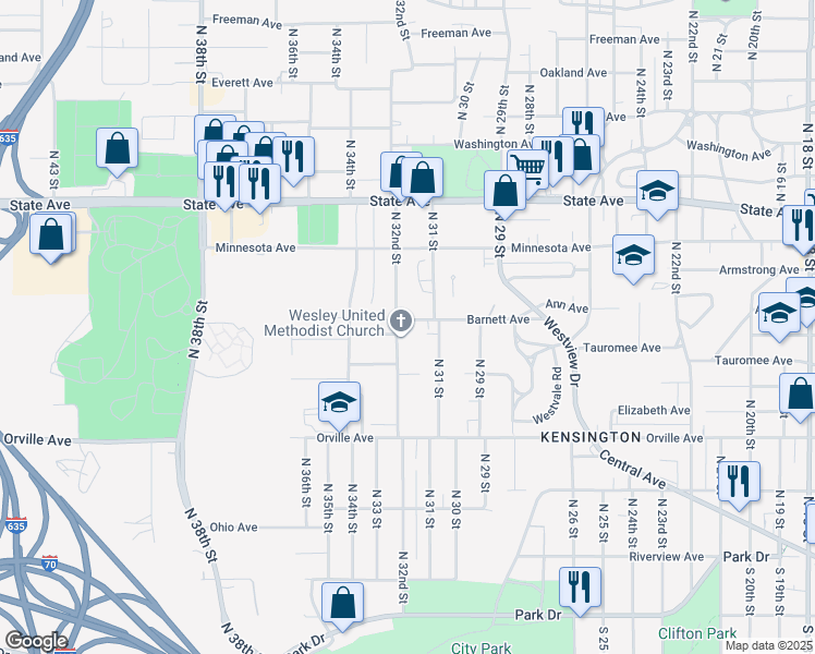 map of restaurants, bars, coffee shops, grocery stores, and more near 631 North 32nd Street in Kansas City