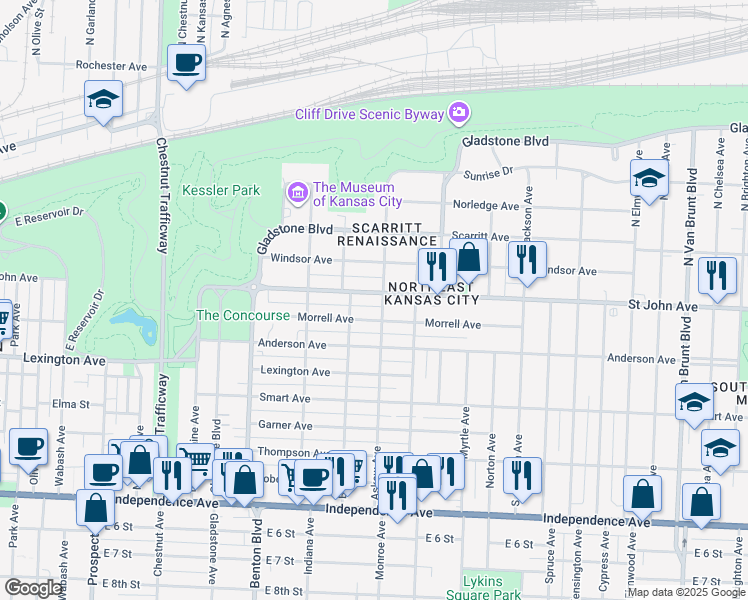 map of restaurants, bars, coffee shops, grocery stores, and more near 3520 Morrell Avenue in Kansas City