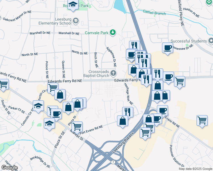map of restaurants, bars, coffee shops, grocery stores, and more near 21 Hancock Place Northeast in Leesburg