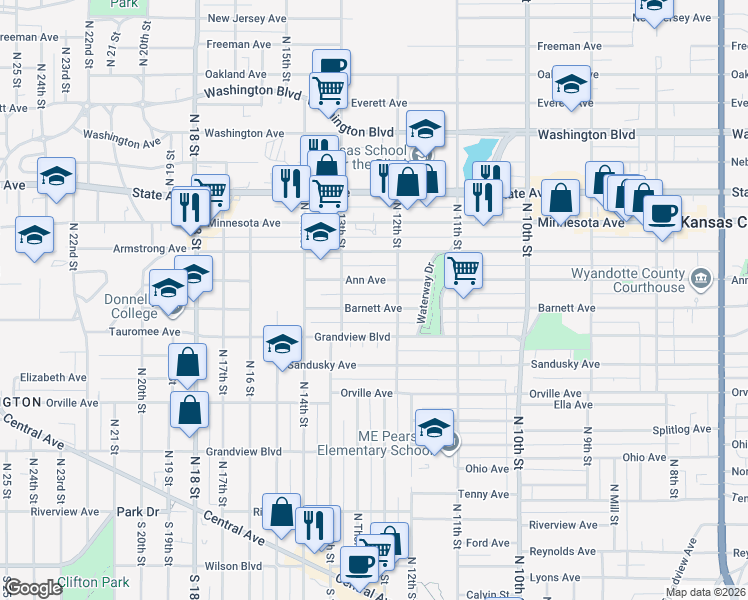 map of restaurants, bars, coffee shops, grocery stores, and more near 1201 Barnett Avenue in Kansas City