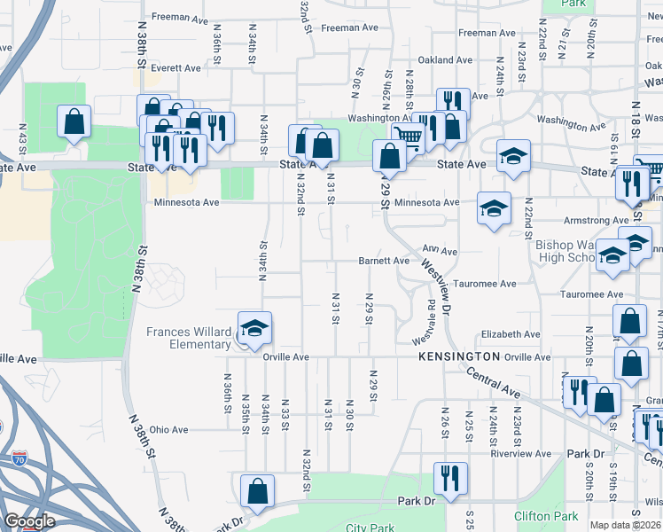 map of restaurants, bars, coffee shops, grocery stores, and more near 635 North 31 Street in Kansas City