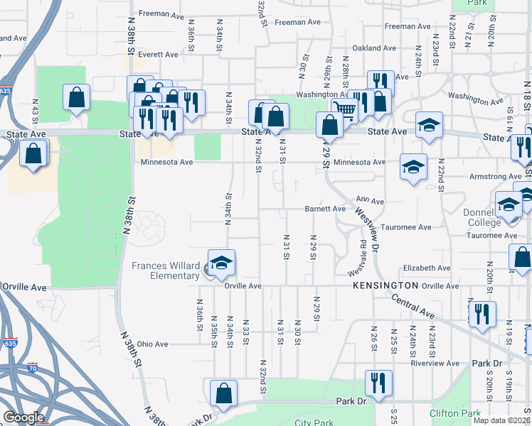map of restaurants, bars, coffee shops, grocery stores, and more near 631 North 32nd Street in Kansas City