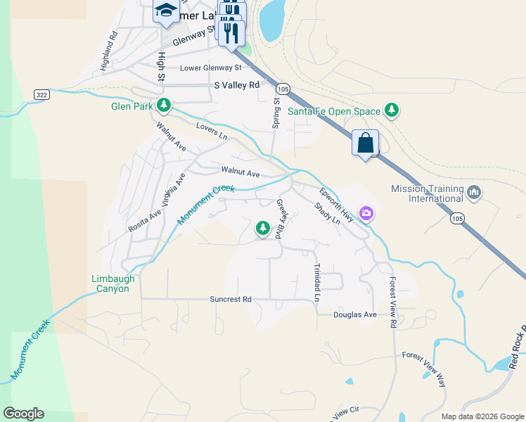 map of restaurants, bars, coffee shops, grocery stores, and more near 201 Pinecrest Way in Palmer Lake